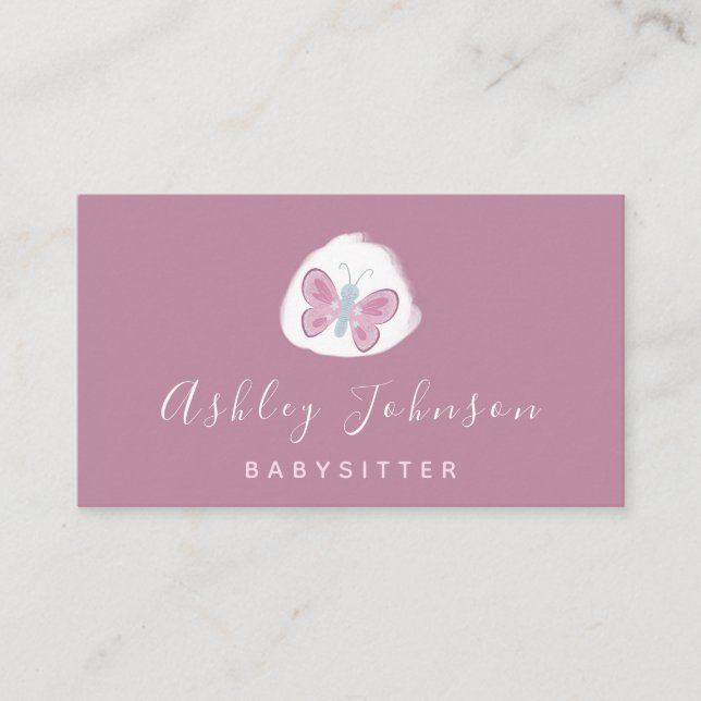 Watercolor Butterfly Pretty Pink Babysitter Simple Business Card (Front)