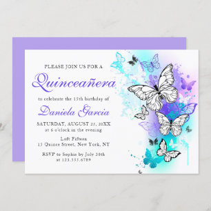 Watercolor Butterfly Purple Turquoise Quinceañera Invitation