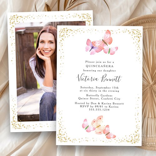 Watercolor Butterfly Quinceanera Photo 15th Invitation