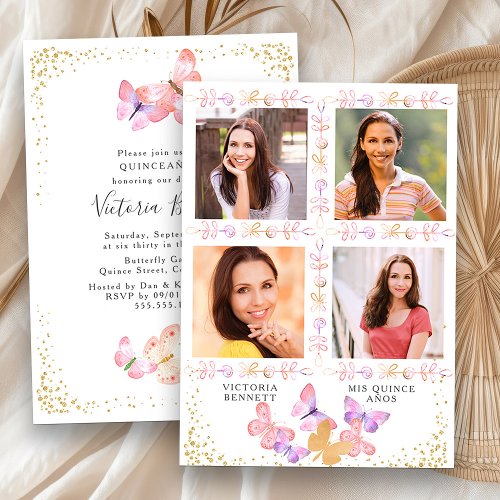 Watercolor Butterfly Quinceanera with 4 Photo Invitation