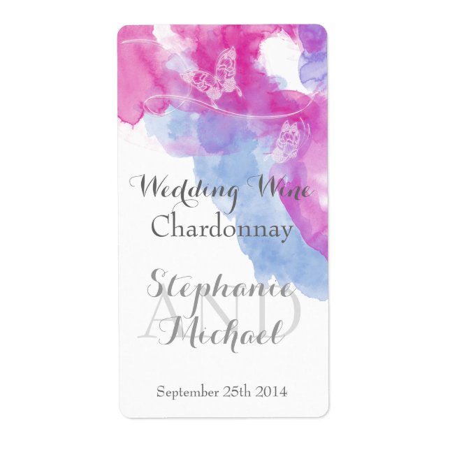 Watercolor Butterfly Raspberry  Wedding Wine Label (Front)