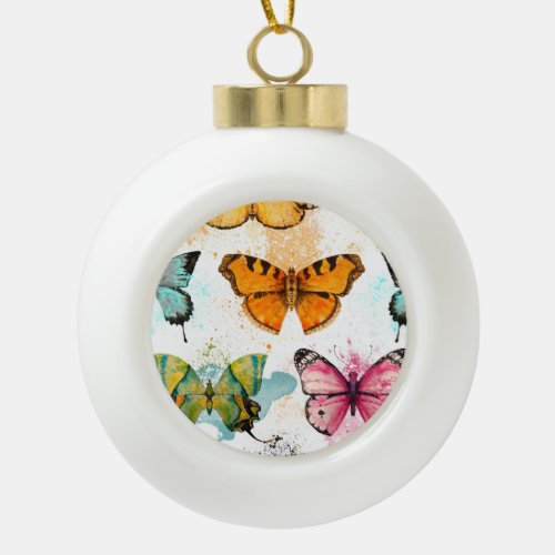 Watercolor Butterfly Seamless Delicate Pattern Ceramic Ball Christmas Ornament