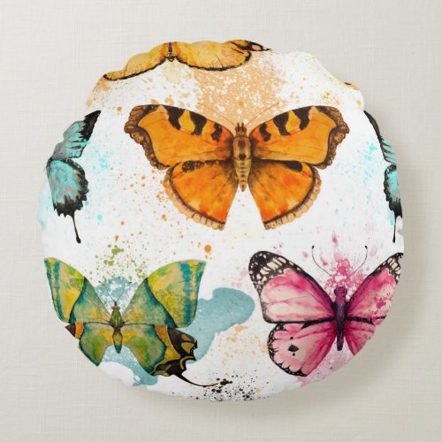 Watercolor Butterfly Seamless Delicate Pattern Round Pillow