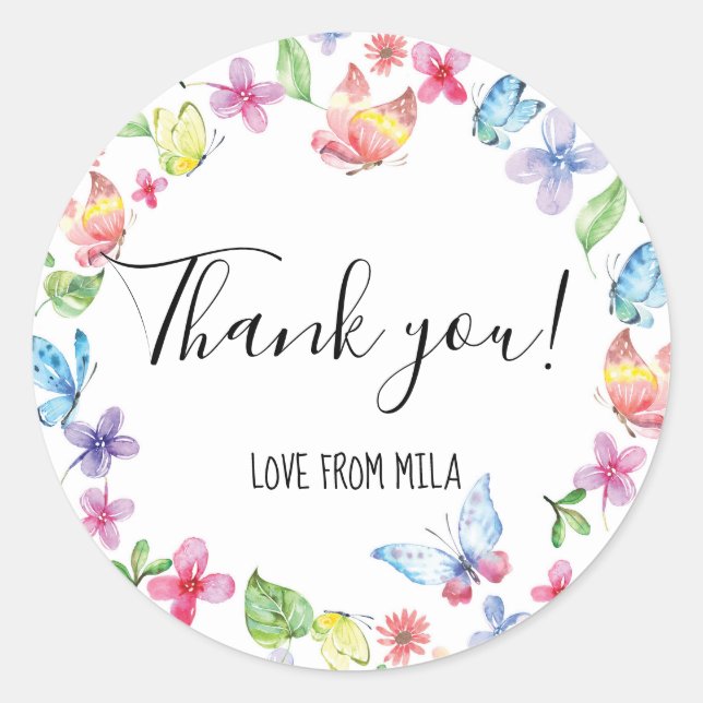 Watercolor Butterfly thank you stickers (Front)
