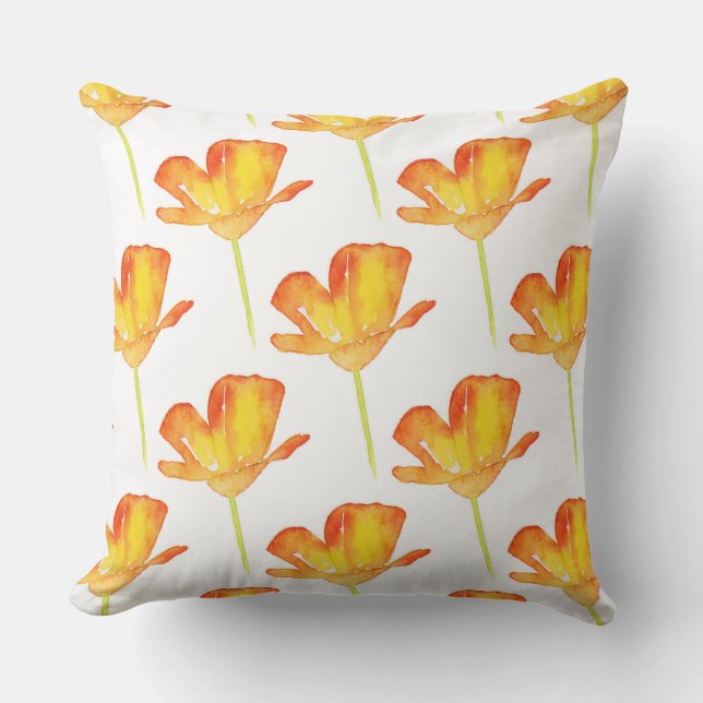 Watercolor CA Poppy Pattern Outdoor Pillow (Front)