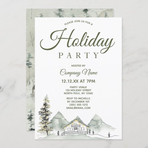 Watercolor Cabin Corporate Holiday Christmas Party Invitation