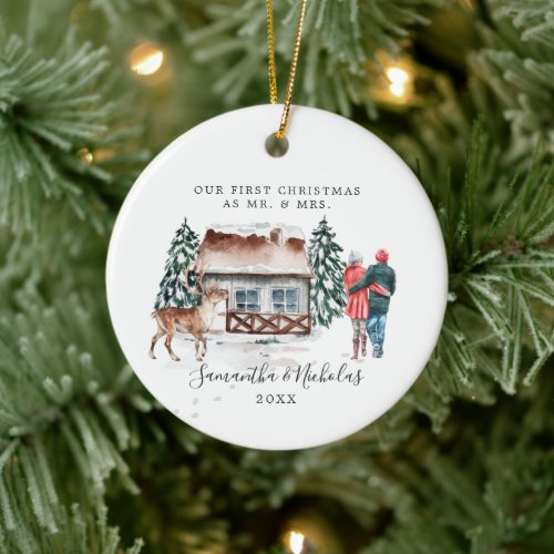 Watercolor Cabin  First Christmas as Mr  Mrs Ceramic Ornament