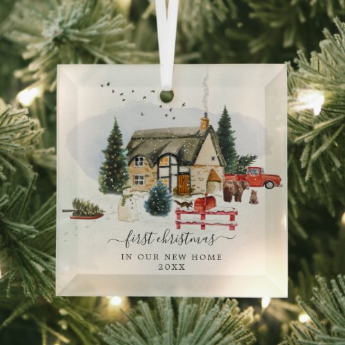 Watercolor Cabin  First Christmas New Home  Glass Ornament