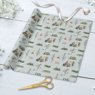 Watercolor Cabin Forest Seamless Pattern Wrapping Paper