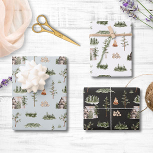 Watercolor Cabin Forest Seamless Pattern Wrapping Paper Sheets