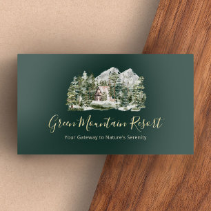 Watercolor Cabin Green Pine Forest Luxury Gold Foil Business Cards