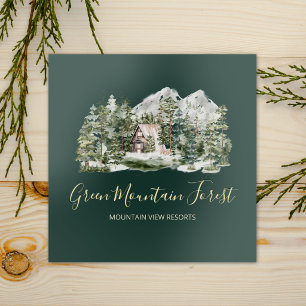 Watercolor Cabin Green Pine Forest Premium Gold Foil Business Cards