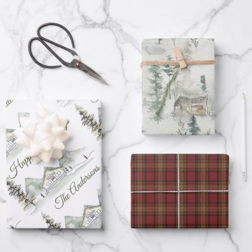 Watercolor Cabin Holiday Plaid Wrapping Paper Sheets