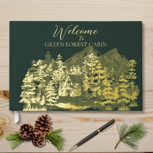 Watercolor Cabin in The Green Forest Gold Foil Foil Guest Book