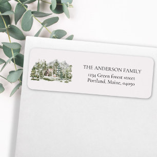 Watercolor Cabin in The Green Forest new address Label