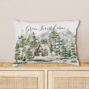 Watercolor Cabin in The Green Pine Forest Woodland Accent Pillow