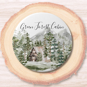 Watercolor Cabin in The Green Pine Forest Woodland Button