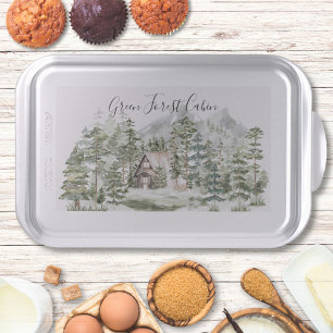Watercolor Cabin in The Green Pine Forest Woodland Cake Pan