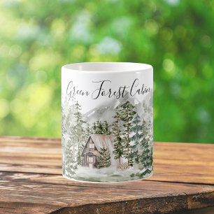 Watercolor Cabin in The Green Pine Forest Woodland Coffee Mug