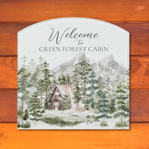 Watercolor Cabin in The Green Pine Forest Woodland Door Sign