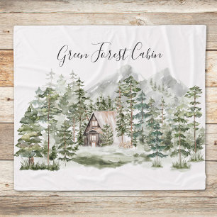 Watercolor Cabin in The Green Pine Forest Woodland Fleece Blanket