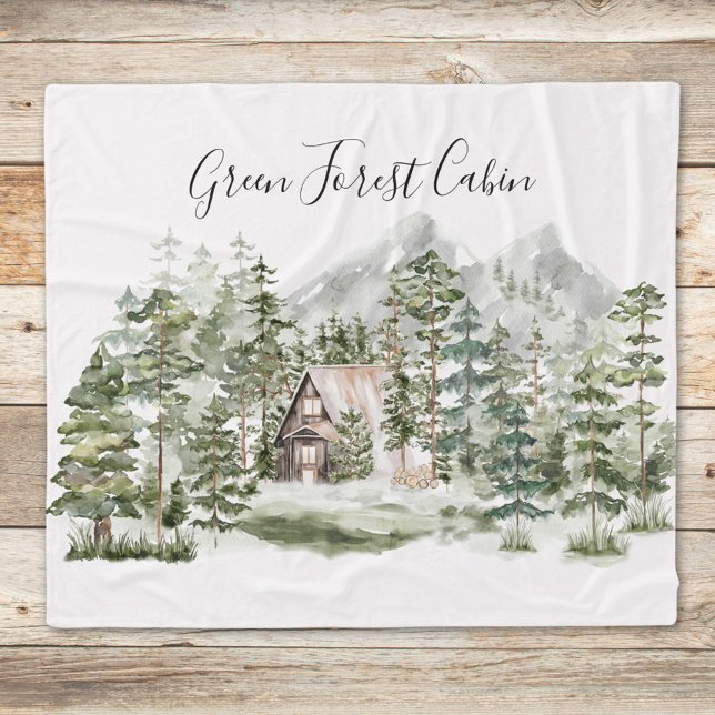 Watercolor Cabin in The Green Pine Forest Woodland Fleece Blanket (Close up)
