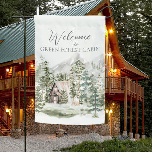 Watercolor Cabin in The Green Pine Forest Woodland Garden Flag
