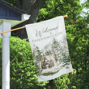 Watercolor Cabin in The Green Pine Forest Woodland House Flag