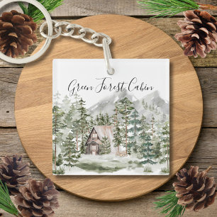 Watercolor Cabin in The Green Pine Forest Woodland Keychain