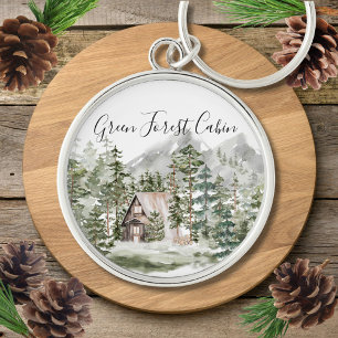 Watercolor Cabin in The Green Pine Forest Woodland Keychain