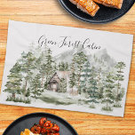 Watercolor Cabin in The Green Pine Forest Woodland Kitchen Towel<br><div class="desc">Bring the outdoors in with this rustic kitchen towel featuring a watercolor cabin nestled in a foggy green pine forest. Perfect for nature lovers,  this elegant woodland design captures the serene landscape of mountains and trees,  nature vibes addition to your lake house kitchen decor</div>