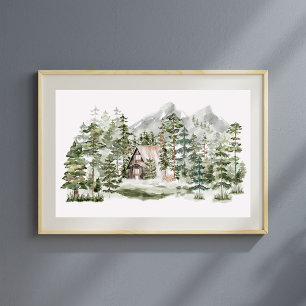 Watercolor Cabin in The Green Pine Forest Woodland Poster