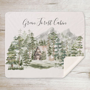 Watercolor Cabin in The Green Pine Forest Woodland Sherpa Blanket