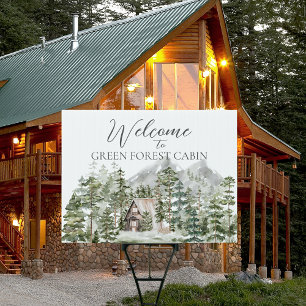 Watercolor Cabin in The Green Pine Forest Woodland Sign