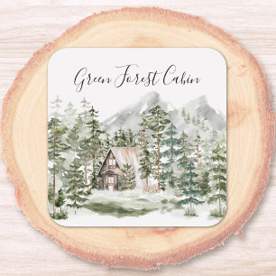 Watercolor Cabin in The Green Pine Forest Woodland Square Sticker