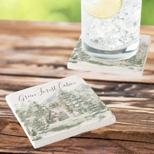 Watercolor Cabin in The Green Pine Forest Woodland Stone Coaster