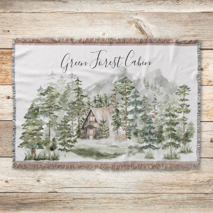 Watercolor Cabin in The Green Pine Forest Woodland Throw Blanket