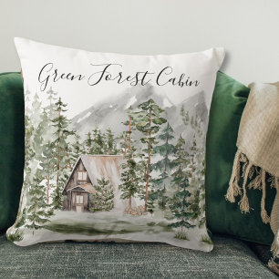 Watercolor Cabin in The Green Pine Forest Woodland Throw Pillow