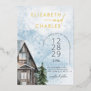 Watercolor Cabin Rustic Winter Holiday Wedding Foil Invitation