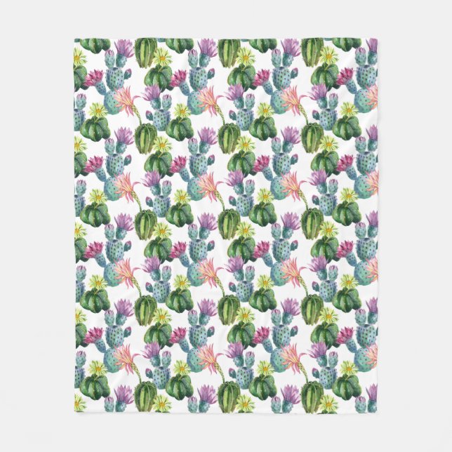 Watercolor Cacti Art Pattern Fleece Blanket (Front)