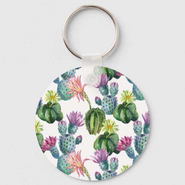 Watercolor Cacti Art Pattern Keychain (Front)