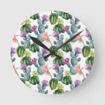Watercolor Cacti Art Pattern Round Clock