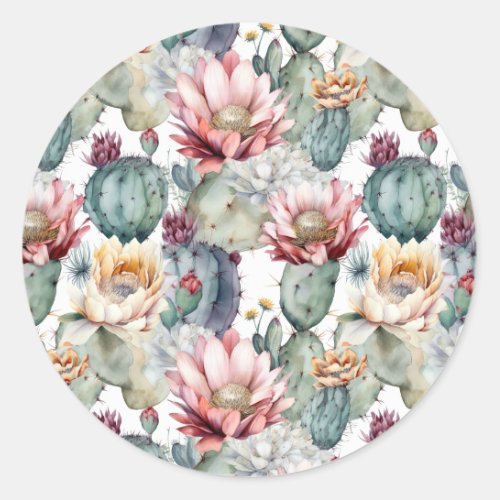 Watercolor Cacti Blooming Succulents Classic Round Sticker