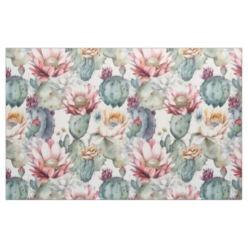 Watercolor Cacti Blooming Succulents Fabric