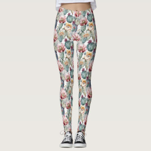 Watercolor Cacti Blooming Succulents Leggings