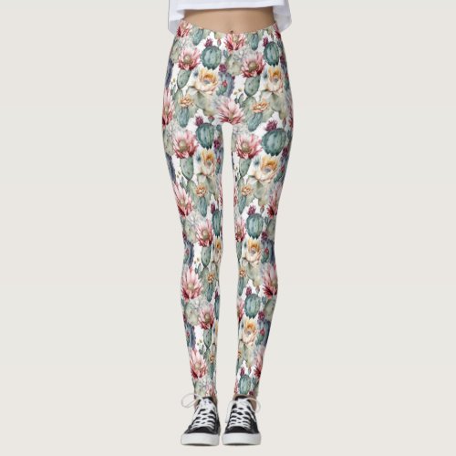 Watercolor Cacti Blooming Succulents Leggings