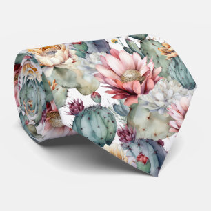 Watercolor Cacti Blooming Succulents Neck Tie