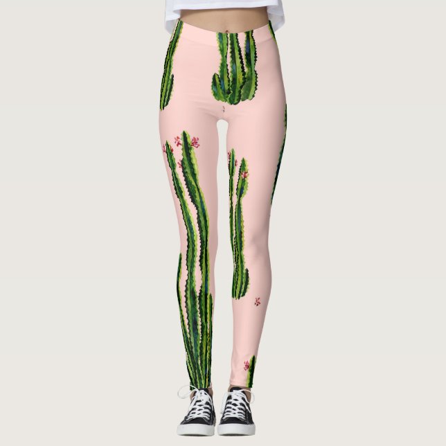 Watercolor Cacti: Blossoming Seamless Pattern Leggings (Front)