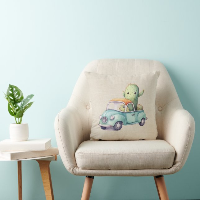 Watercolor Cacti In Retro Truck Throw Pillow (Chair)