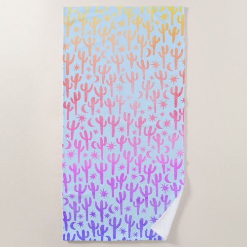 Watercolor Cacti Moon  Stars Pastel Summer Fun Beach Towel